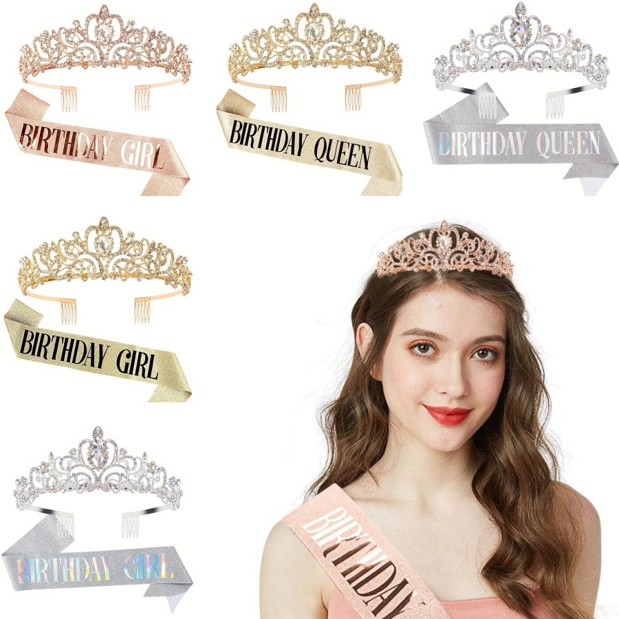 Birthday Sash Glitter - 2-teiliges Set Glitzernde Strass-Kristall-Krone Tiara Geburtstagsmädchen